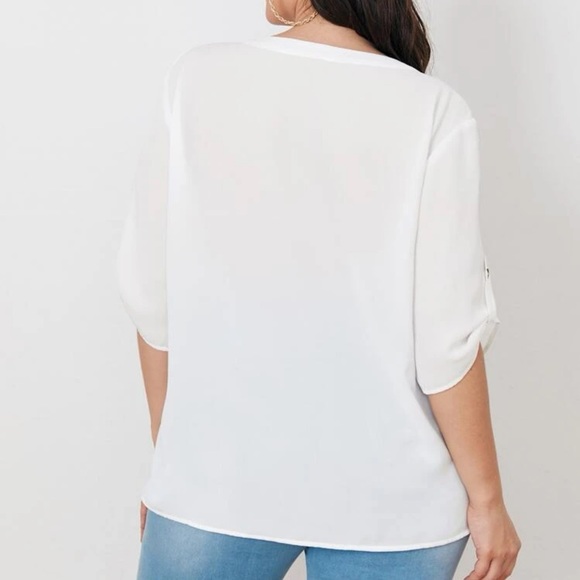 Roll tab mid length sleeves button up v neck boho blouse baby blue - Picture 8 of 14